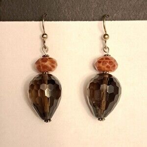 Handmade Fire Agate Smoky Quartz Dangle Earrings Natural Gemstone